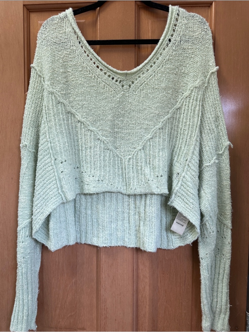 Free People - Light Green V-Neck Cropped Knit Sweater - Women